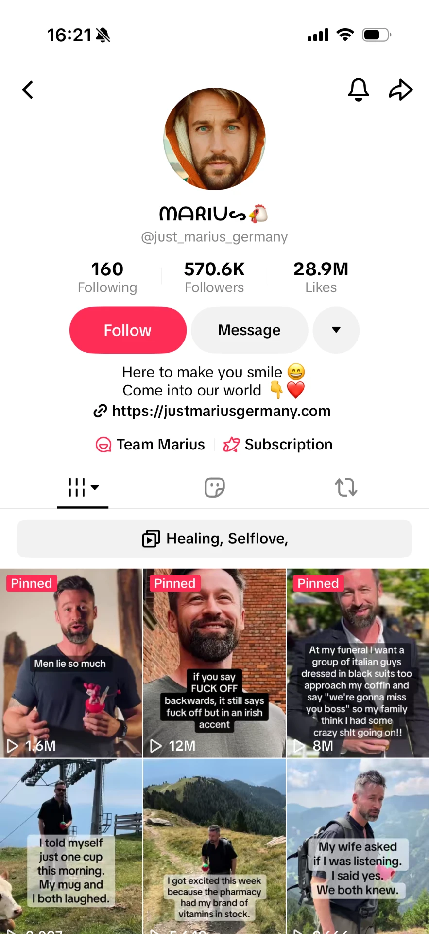 Marius TikTok profile with 570K followers