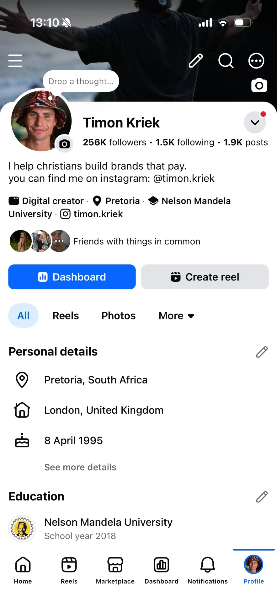 Facebook profile of Timon Kriek showing 256K followers