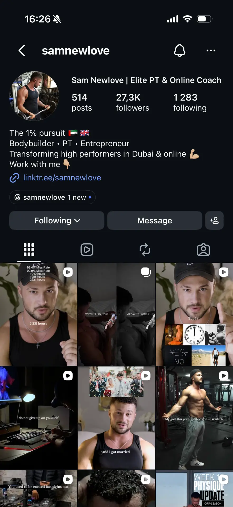 Sam Newlove Instagram profile with 27.3K followers